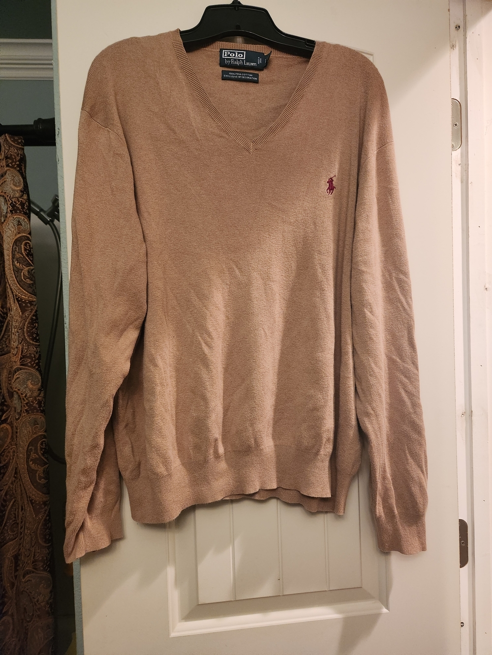 Polo by Ralph Lauren V-Neck Sweater in Tan with Pink Pony